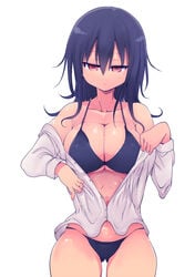 1girls big_breasts bikini black_bikini black_hair breasts cool-kyou_shinja huge_breasts komori-san_wa_kotowarenai! komori_shuri large_breasts long_hair official_art red_eyes shirt solo solo_female solo_focus thigh_gap thighs undressing white_shirt