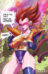 1girls armor artist_name artist_signature brown_eyes brown_hair cameltoe collarbone dragon_ball dragon_ball_z female female_focus female_only female_vegeta gloves highres lipstick looking_at_viewer outdoors pussy red-tinted_eyewear rule_63 saibaiman saiyan saiyan_tail scouter space speech_bubble tail thick_thighs thighs tinted_eyewear turtlechan vegeta