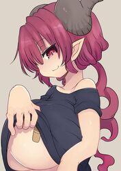 1girls bandaid bandaids_on_nipples big_breasts black_shirt breasts cool-kyou_shinja huge_breasts ilulu_(dragon_maid) large_breasts lifted_by_self long_hair miss_kobayashi's_dragon_maid official_art red_eyes red_hair shirt shirt_lift slit_pupils smile solo solo_female solo_focus twin_drills underboob