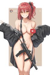 bangs blush breasts censored coat collarbone convenient_censoring female girls'_frontline grin groin gun hair_ribbon hands_up heckler_&_koch highres looking_at_viewer medium_breasts mp7_(girls'_frontline) mp7_(girls_frontline) naked_coat navel nude off_shoulder one_side_up red_hair ribbon smile solo stomach thighs vvy weapon yellow_eyes