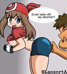 1boy 1girls angry bandana breasts brock_(pokemon) brown_hair fingering forced_in_fabric gloves lanzort1 legs may_(pokemon) nipples pokemon pokemon_rgby pokemon_rse red_bandana shorts spats text