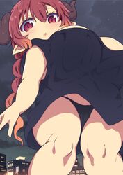 1girls big_breasts black_panties black_shirt bottomless breasts cool-kyou_shinja dragon_horns horns huge_breasts ilulu_(dragon_maid) large_breasts long_hair miss_kobayashi's_dragon_maid no_pants official_art panties red_eyes red_hair shirt slit_pupils solo solo_female solo_focus twin_drills