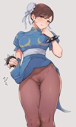 1girls capcom chun-li ehohin embarrassed female looking_at_viewer no_panties pantyhose pubes pubic_hair street_fighter