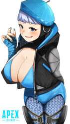 apex_legends big_breasts blue_eyes blue_nails blush bra breasts cap cleavage clothed clothed_female hat haute_drop_wattson loa silver_hair smug smug_face wattson_(apex_legends)