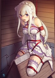 1girls absurdres arms_behind_back big_breasts blush bondage boots bound breast_bondage embarrassed emilia_(re:zero) enslaved_royal female female_only helpless highres kaddo looking_at_viewer open_mouth pink_eyes princess re:zero_kara_hajimeru_isekai_seikatsu rope rope_bondage sex_slave slave slavegirl solo suspension thigh_boots thighhighs tied_up wooden_horse zettai_ryouiki