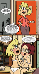 2girls background_character blush bra breast_grab breasts cartoon-admirer comic dialogue english_text female female/female female_only glasses grabbing grope groping groping_breasts kissing librarian library lipstick lipstick_mark multiple_girls on_desk panties rita_loud speech_bubble straight_hair text the_loud_house thighs underwear white_bra white_panties white_underwear wide_hips yuri