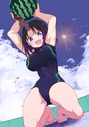 1girls big_breasts black_hair blue_eyes breasts cool-kyou_shinja dragon_horn elma_(dragon_maid) horn large_breasts miss_kobayashi's_dragon_maid official_art one-piece_swimsuit purple_hair short_hair solo solo_female solo_focus swimsuit thick_thighs thighs two_tone_hair watermelon