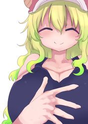 1girls big_breasts black_shirt blonde_hair breasts cool-kyou_shinja eyes_closed green_hair huge_breasts large_breasts long_hair miss_kobayashi's_dragon_maid multicolored_hair official_art quetzalcoatl_(dragon_maid) shirt solo solo_female solo_focus