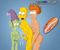 3boys abs aged_up anal anal_penetration anal_sex bart_simpson blue_background bodyguard_position circumcised cowboy_shot cum_in_ass cum_on_body cum_while_penetrated disenchantment elf elfo erection feet_out_of_frame flat_nose futurama gay green_hair green_skin ht_lgbtq_artworks human interspecies male male/male male_on_male male_only nude orange_hair partially_retracted_foreskin pecs penis penis_size_difference penises_touching philip_j_fry pointed_ears spiky_hair the_simpsons uncut veiny_penis x-ray yellow_skin