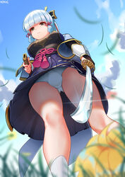 1boy 1futa aether_(genshin_impact) bangs blonde_hair blue_eyes blue_panties breasts bulge detailed_background dress from_below fully_clothed futa_only futanari genshin_impact hair_ornament highres human japanese japanese_clothes kamisato_ayaka large_breasts low-angle_view lying ninai outdoors panties pointing_at_viewer ponytail samurai standing sword underwear upskirt weapon white_hair