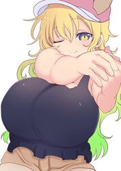 1girls big_breasts black_shirt blonde_hair breasts cool-kyou_shinja dragon_horns green_hair hat horns huge_breasts large_breasts long_hair miss_kobayashi's_dragon_maid multicolored_eyes official_art one_eye_closed quetzalcoatl_(dragon_maid) shirt shorts solo solo_female solo_focus stretching two_tone_hair