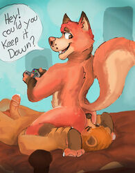 2018 anal anthro beauregard_arboretto blush bodily_fluids bottlebear bottlebear_(character) brown_body brown_fur canid canine canis closed_eyes controller digital_drawing_(artwork) digital_media_(artwork) domestic_dog duo erection facesitting fur furry game_controller gaming gay genital_fluids genitals hi_res hybrid male male/male mammal mephitid multicolored_body multicolored_fur nude open_mouth oral penis precum red_body red_fur rimming sex simple_background skunk smile ursid yaoi