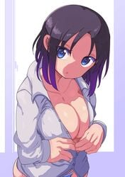 1girls big_breasts black_hair blue_panties bottomless breasts cool-kyou_shinja elma_(dragon_maid) large_breasts miss_kobayashi's_dragon_maid no_pants official_art panties purple_eyes purple_hair short_hair solo solo_female solo_focus two_tone_hair unbuttoned unbuttoned_shirt unbuttoning