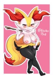 2020s 2021 anthro areola big_breasts black_body black_fur blush braixen breasts digital_media_(artwork) female fur hi_res humanoid mammal nintendo nipples nyasplush pink_areola pink_nipples pokémon_(species) pokemon pokemon_(species) red_eyes simple_background smile solo stick thick_thighs video_games watermark white_body white_fur wide_hips yellow_body yellow_fur