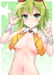 artist_request bare_shoulders blush breasts collared_jacket commentary crop_top female goggles goggles_on_head green_eyes green_hair gumi hands_up happy highres jacket medium_breasts medium_hair megpoid megpoid_gumi midriff navel no_bra orange_jacket smile solo starry_background underboob upper_body vocaloid wrist_cuffs