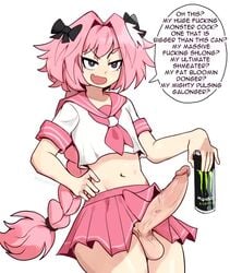 1boy 2d androgynous astolfo_(fate) astolfo_monster_cosplay_(meme) balls belly_out big_penis black_ribbon canon_crossdressing crossdressing english_dialogue english_voice_acting erect erect_penis erection fate/grand_order fate_(series) femboy girly hair_ribbon humor hung_trap long_hair long_penis male male_only meme monster_energy mp4 ms_pigtails oh_these?_(meme) opaluva open_mouth penis penis_out pink_hair purple_eyes ribbon ribbons simple_background skirt skirt_lift sound sound_only_video speech_bubble standing testicles text thick_penis thick_thighs thighs trap veiny_penis video voice_acted white_background