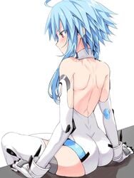 1girls ahoge aisu_(icicleshot) ass back bare_shoulders big_ass blanc blush breasts bubble_butt dat_ass elbow_gloves female from_behind gloves hair_between_eyes leotard light_blue_hair neptunia_(series) power_symbol red_eyes short_hair_with_long_locks sitting small_breasts solo symbol-shaped_pupils thighhighs white_gloves white_heart white_legwear white_leotard