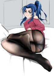 ass blue_hair bubble_butt feet looking_at_viewer pantyhose plump_ass rain_prophet smiling sweater white_panties