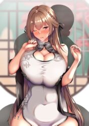 1girls azur_lane bangs bare_shoulders big_breasts blush blushing breast_fondling breast_grab breast_squeeze breasts brown_hair cheongsam china_dress chinese_clothes cleavage covered_navel dress female female_focus fondling grabbing grey_dress hair hair_between_eyes hair_ribbon hands_up heavy_breathing highres huge_breasts large_breasts long_hair looking_at_viewer one_eye_closed ootori_subaru parted_lips pelvic_curtain qipao red_eyes ribbon sidelocks sleeveless smile solo_focus sweatdrop swiftsure_(azur_lane) very_long_hair wink