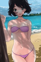 arm_behind_back artist_name bangs bikini black_eyes black_hair blue_sky breasts cleavage cloud cloudy_sky commentary cowboy_shot dappled_sunlight day female girls_und_panzer looking_at_viewer matsui_yasutsugu medium_breasts navel ocean one-hour_drawing_challenge open_mouth outdoors purple_bikini short_hair signature skindentation sky smile solo standing strapless strapless_bikini string_bikini sunlight swimsuit thigh_gap utsugi_yuuki waves