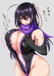 1girls absurdres ar_(lover_boy) bare_shoulders black_hair blush breast_squeeze cleavage curvy deep_skin female gloves hair_ribbon heart heart-shaped_pupils highres huge_breasts long_hair looking_at_viewer naughty_face navel ninja original purple_eyes ribbon scarf sideboob smile solo wide_hips