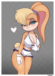 1girls anthro big_breasts blush blushing breasts cleavage clothed clothing exposing female female_only fur furry furry_only hair_over_one_eye heart large_breasts lola_bunny looking_at_viewer looney_tunes rabbit shirt_pull shirt_up short_shorts simmsy solo space_jam sweat sweatdrop sweaty sweaty_breasts sweaty_thighs tail thick_thighs undressing