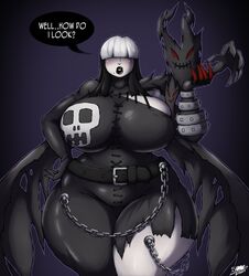1girls big_breasts big_hips black_background black_lipstick breasts cosplay dialogue digimon digimon_(cosplay) goth gothmom ladydevimon ladydevimon_(cosplay) milf pale_skin solo solo_female speech_bubble superix thick