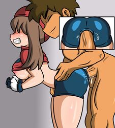 1boy 1girls anal anal_sex anal_through_clothes anal_through_pants ass_juice bent_over blush breasts brock_(pokemon) brown_hair cum dark-skinned_male doggy_style forced_in_by_cock forced_in_fabric from_behind hair_over_eyes interracial lanzort1 legs male/female may_(pokemon) mouth_drool nipples penetration_through_clothes penis pokemon pokemon_rgby pokemon_rse rape shorts spats sweatdrop sweating visible_nipples