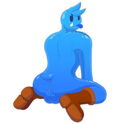 anthro ass balls boots clothing footwear genitals goo_creature looking_back male notkastar sitting slime solo tongue tongue_out