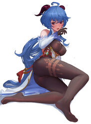 armwear ass bare_shoulders barefoot blue_hair blush bodystocking breasts d8800880 eyebrows eyelashes female female_focus female_only ganyu_(genshin_impact) genshin_impact gloves horns long_hair lying lying_on_side nipples nipples_visible_through_clothing no_bra no_panties no_shoes open_mouth simple_background solo solo_female solo_focus very_long_hair white_background