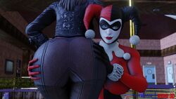 2girls 3d 3d_(artwork) ass ass_grab ass_worship batman:_arkham_city batman:_arkham_knight batman_(series) blue_eyes bodysuit dc dc_comics eyebrows_raised fat_ass female female_only hands_on_ass harley_quinn harley_quinn_(arkham) harley_quinn_(arkham_knight) harley_quinn_(classic) huge_ass kishi red_lipstick rocksteady_studios talia_al_ghul talia_al_ghul_(arkham_city) yuri