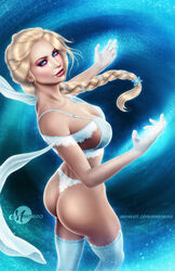 1girls ass blue_eyes braid bubble_butt disney elsa_(frozen) frozen_(film) large_breasts lingerie long_hair martaino platinum_blonde_hair stockings voluptuous