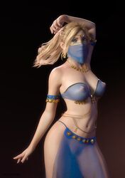 1girls 3d armlet bare_midriff belly_dancer belly_dancer_outfit blonde_hair blue_eyes cleavage dancer dancer_outfit erect_nipples female female_only gold_chain harem_girl harem_outfit jewelry large_breasts loincloth navel nipples_visible_through_clothing octoman87 original original_character see-through_clothing slave slavegirl solo strapless veil