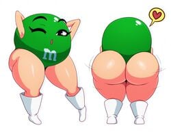 1girls 2016 2d arms_behind_back back_view big_ass big_butt candy chocolate eyelashes female front_view green_body huge_ass huge_hips m&m's monster_girl ms._green no_panties no_pants one_eye_closed pose shaking_ass solo sssonic2 tagme thick_ass thin_arms white_boots wiggling wiggling_ass