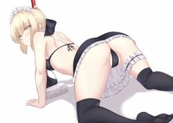 1girls absurdres all_fours artoria_pendragon artoria_pendragon_(alter) artoria_pendragon_(swimsuit_rider_alter) ass bangs bikini black_bikini black_legwear blonde_hair blush braid breasts closed_mouth dutch_angle expressionless eyebrows_visible_through_hair fate/grand_order fate_(series) female female_only foot_out_of_frame french_braid frills highres leg_garter looking_at_viewer looking_back maid_headdress medium_breasts okuma707 petticoat saber_alter short_hair simple_background solo solo_female swimsuit thighhighs upskirt white_background white_headwear yellow_eyes