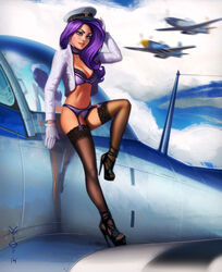 1girls black_high_heels blue_eyes bra breasts earrings female female_only fighter_plane friendship_is_magic garter_belt garter_straps gloves high_heels humanized legs long_hair looking_at_viewer mostly_nude my_little_pony open-toe_heels panties plane purple_hair rarity_(mlp) realistic reflection solo stockings straight_hair