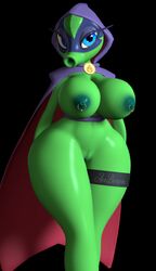 3d acebaron big_breasts big_butt blue_eyes cloak green_body green_shadow_(pvz) hips looking_at_viewer mask nipple_piercing peashooter_(pvz) piercing plant plantie plants_vs_zombies plants_vs_zombies:_heroes pubic_hair pussy thick_thighs video_games