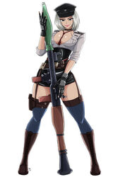 1girls big_breasts breasts brown_eyes capcom cleavage commission dead_rising dead_rising_3 evil_grin fingerless_gloves garter_straps hilde_schmittendorf kmkz-art leather_boots looking_at_viewer medium_hair peaked_cap police_uniform policewoman red_tie rocket_launcher rpg smile smug solo thick_thighs thighhighs video_games weapon white_hair