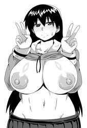 azumanga_daiou clothing double_v huge_breasts sakaki school_uniform shirt shirt_lift skirt tagme v white_background