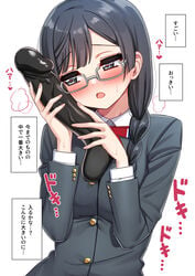 1girls bangs black_hair black_jacket blazer blue_ribbon blush braid breasts cheek_press commentary_request deadnoodles_(@deadnooodles) dildo eyebrows_visible_through_hair female glasses grey_eyes heart heart-shaped_pupils heavy_breathing highres holding jacket light-skinned_female light_skin long_hair long_sleeves love_live! love_live!_nijigasaki_high_school_idol_club medium_breasts multicolored multicolored_ribbon nakagawa_nana neck_ribbon nijigasaki_academy_uniform open_mouth ribbon school_uniform semi-rimless_eyewear sex_toy shirt simple_background solo solo_female symbol-shaped_pupils translated twin_braids upper_body white_background white_shirt yuuki_setsuna_(love_live!)