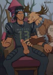 anthro anthro_on_human antlers bane_perez brown_fur dark-skinned_male dark_hair dark_skin deer deer_taur elk furry gay gay_sex identity_v male male_only malesub penis penis_grab penis_out rugby tagme touching_penis uniform william_ellis_(identity_v) yaoi