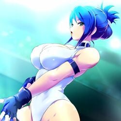 1girls big_breasts blair_dame blue_hair capcom choker female female_only fit fit_female gloves green_eyes hair_up hands_together huge_breasts human human_only konpeto large_breasts leotard light-skinned_female light_skin solo solo_female street_fighter surprised_expression thick_thighs tight_clothing white_clothes wide_hips