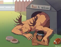 2boys anthro anthro_on_human anthro_penetrating anthro_penetrating_human antlers bane_perez dark-skinned_male dark_hair dark_skin deer doghouse elk furry gay identity_v kennel male male_only naked naked_in_public public tagme william_ellis_(identity_v) yaoi