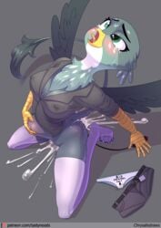 anthro avian bodily_fluids bottomless bottomwear chrysalisdraws clothed clothing cum cum_tube discarded_clothing female friendship_is_magic fur gabby_(mlp) genital_fluids gryphon hasbro hi_res looking_pleasured masturbation my_little_pony mythological_avian mythology panties sex_toy shorts solo stomach_bulge underwear