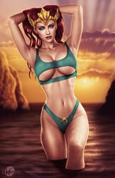 1girls aquaman_(series) armpits blue_eyes dc dc_comics dceu hands_behind_head headdress large_breasts looking_at_viewer martaino mera ocean partially_submerged red_hair seaside standing_in_water swimsuit voluptuous water wet