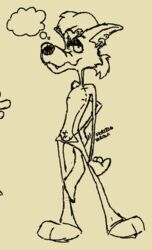 anthro canid canine canis doodledoggy ear_piercing ear_ring half-closed_eyes male mammal narrowed_eyes nipples piercing scratching_butt shirtless slim solo stanley_(doodledoggy) thought_bubble toonkind toony wolf zipper_down