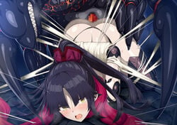 1girls arms_behind_back ass bangs bare_shoulders black_hair blush bound bound_arms breasts bug censored fate/grand_order fate_(series) female horosuke_(toot08) joints katou_danzou_(fate) long_hair looking_at_viewer mechanical_arms monster open_mouth parted_bangs penis ponytail rape red_scarf restrained robot_joints scarf sex silk spider spider_web straight teeth thighs top-down_bottom-up yellow_eyes zoophilia