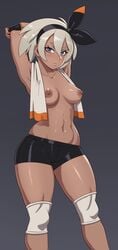 1girls absurd_res bea_(pokemon) blush breasts casual dark-skinned_female dark_skin female female_focus female_only grey_eyes highres human knee_pads legwear medium_breasts nintendo nipples pokemon pokemon_ss rizdraws short_hair solo solo_female source_request spats thick_thighs thighs towel year_request