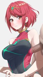 armpit_sex bangs black_swimsuit blush breasts closed_mouth earrings erection female headpiece highleg highleg_swimsuit highres jewelry kaminari_doon large_breasts looking_at_viewer male_pubic_hair one-piece_swimsuit penis penis_to_breast penis_under_clothes pubic_hair pyra red_eyes red_hair red_swimsuit short_hair sideboob sidelocks straight swept_bangs swimsuit tiara two-tone_swimsuit xenoblade_(series) xenoblade_chronicles_2