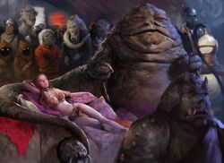 1girls abrahamdavid belly_dancer belly_dancer_outfit bib_fortuna boba_fett braid brown_hair cleavage dancer dancer_outfit femsub gamorrean hutt jabba_the_hutt jaina_solo jawa large_breasts loincloth multiple_boys silver_eyes slave slave_bikini slave_collar slave_leia_(cosplay) slavegirl star_wars submissive_female